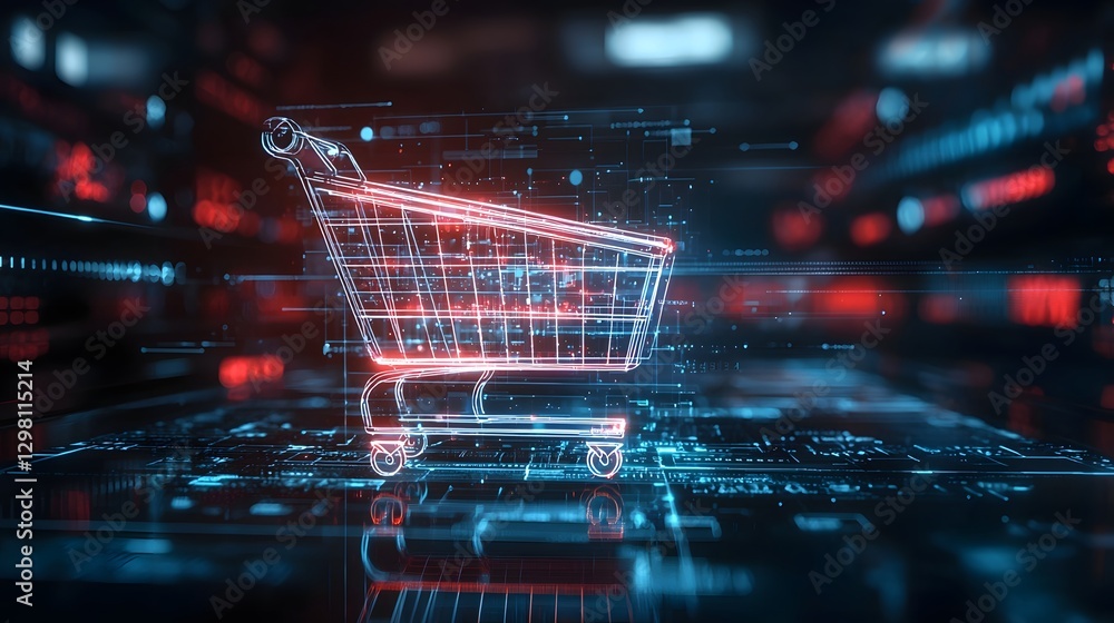 Glowing Digital Shopping Cart in Futuristic Retail E commerce Concept Glowing Digital Shopping Cart in Futuristic Retail E commerce Concept
