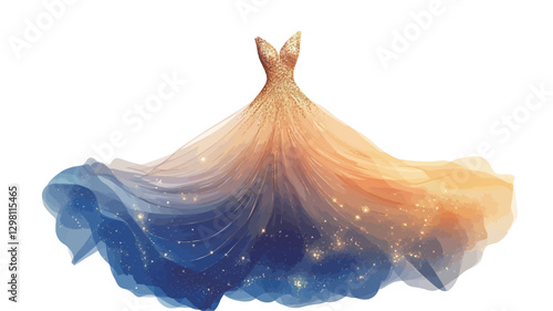 Digital illustration of a ball gown. The gown features an ombre effect transitioning from a deep blue at the bottom to a golden yellow at the top.  The fabric appears translucent with subtle