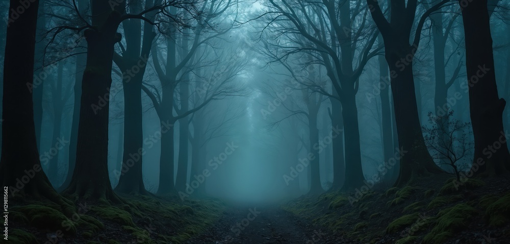 Fototapeta premium Dark moody forest with fog, mist. Trees in nature, atmospheric, eerie. Creepy enchanted wilderness with shadow silhouettes. Gloomy sombre melancholic gothic dreamy fantasy aethereal place. Natural