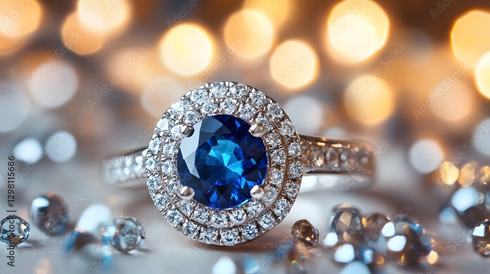 6. A dazzling sapphire and diamond-studded ring on a woman is finger, with a blurred background of sparkling lights 6. A dazzling sapphire and diamond-studded ring on a woman is finger, with a blurred background of sparkling lights