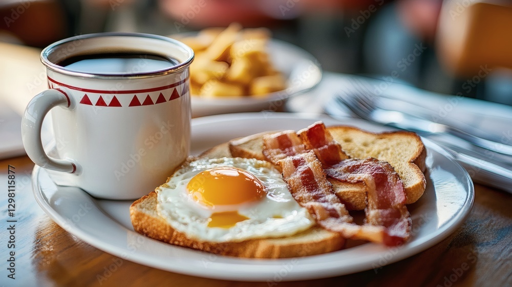 Hearty breakfast: Coffee, fried egg on toast, bacon, and fries for a delicious morning meal. Hearty breakfast: Coffee, fried egg on toast, bacon, and fries for a delicious morning meal.