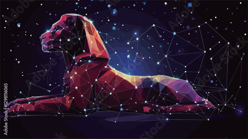 A digital illustration depicting a sphinx rendered in a low-polygonal style. The sphinx is predominantly red and purple, with a geometric structure composed of interconnected lines and points,