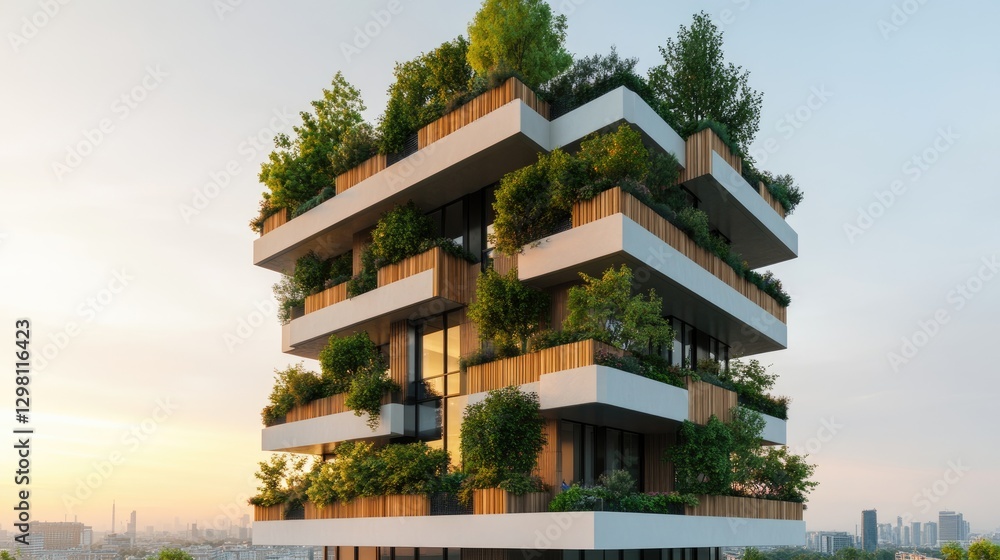 Modern eco-friendly building with lush rooftop gardens Modern eco-friendly building with lush rooftop gardens