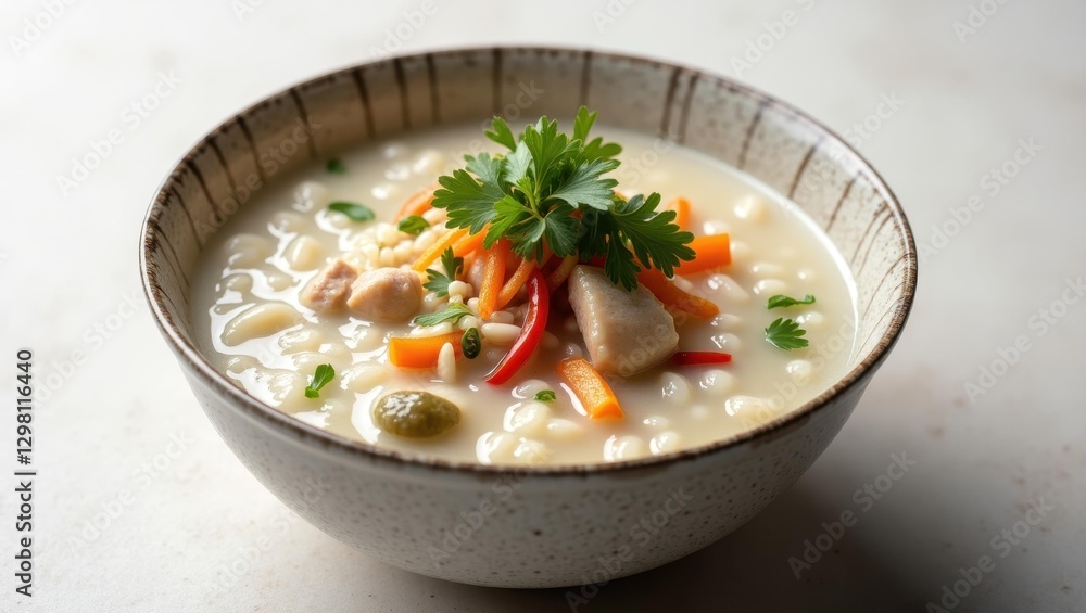 Congee. Bowl is filled with soup and vegetables on white table Congee. Bowl is filled with soup and vegetables on white table