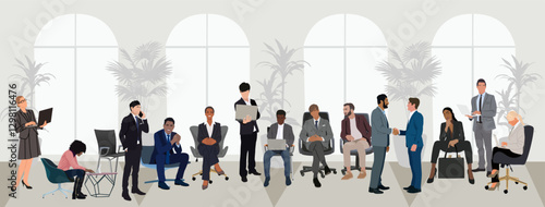 Multiracial business people take part in meeting, discussion, conference. Set of different man and woman in formal outfits sitting, standing, working at laptop computer. Vector realistic illustration.