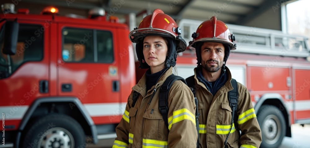 Obraz premium Portrait of firefighters team, woman and man in uniform, helmets. Rescuers stand near fire truck at fire station, ready for emergency response, protection from danger. Firefighting career concept.
