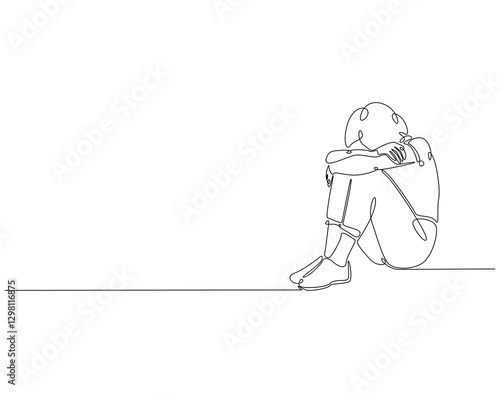 Continuous line drawing of woman depression. Single line illustration of depression woman sitting on the floor. Axienty, sad, depressed concept. Editable outline
