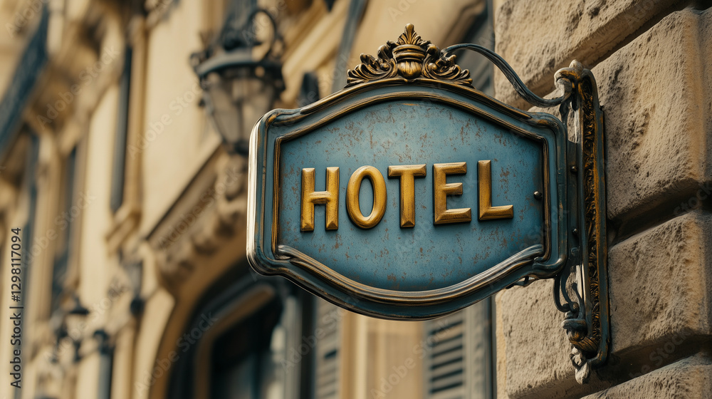Fototapeta premium Elegant hotel sign displaying old-world charm in a historic city during golden hour light. Generative AI