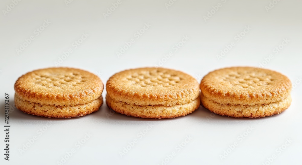 Three Delicate Vanilla Cookies with Cream Filling on a Soft White Background for Dessert and Snack Themes Three Delicate Vanilla Cookies with Cream Filling on a Soft White Background for Dessert and Snack Themes