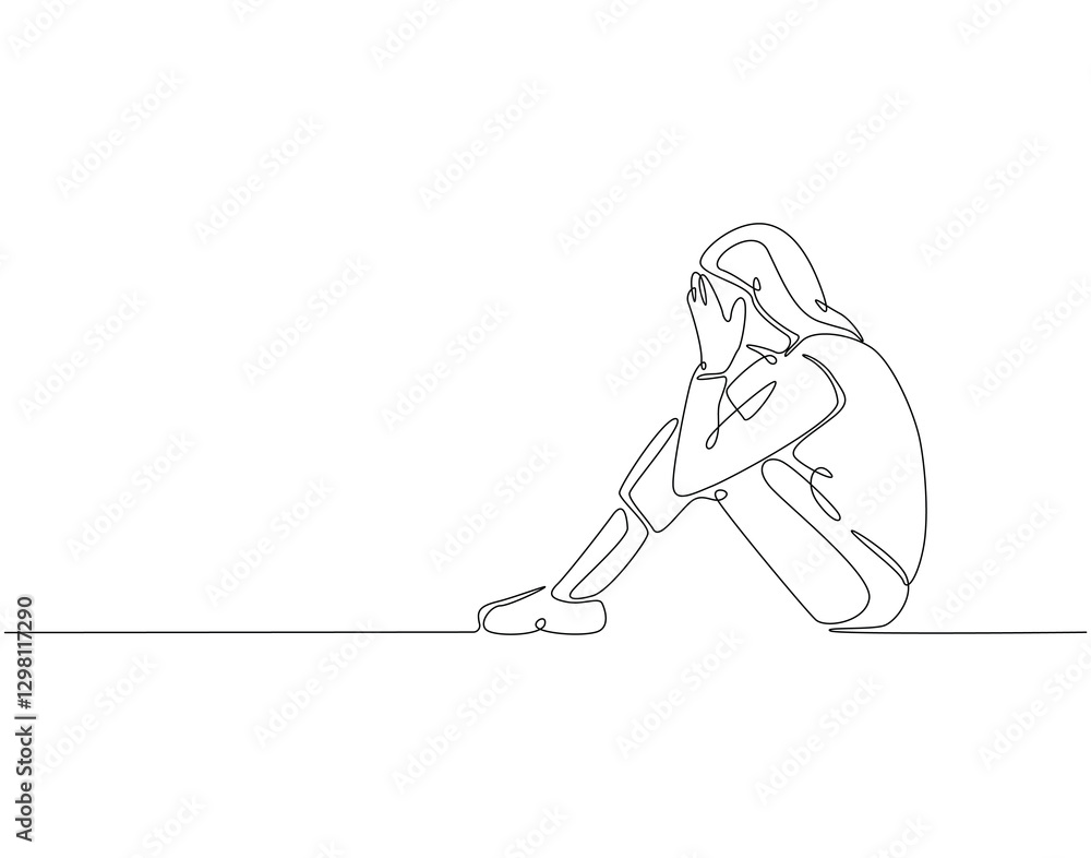 Continuous line drawing of woman depression. Single line illustration of depression woman sitting on the floor. Axienty, sad, depressed concept. Editable outline Continuous line drawing of woman depression. Single line illustration of depression woman sitting on the floor. Axienty, sad, depressed concept. Editable outline