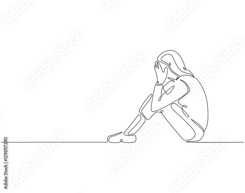 Continuous line drawing of woman depression. Single line illustration of depression woman sitting on the floor. Axienty, sad, depressed concept. Editable outline