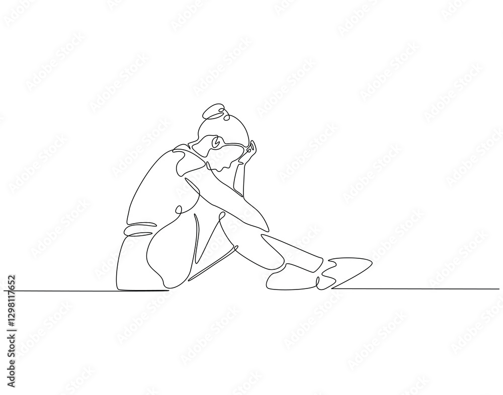Obraz premium Continuous line drawing of woman depression. Single line illustration of depression woman sitting on the floor. Axienty, sad, depressed concept. Editable outline