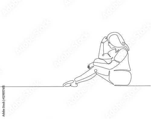Continuous line drawing of woman depression. Single line illustration of depression woman sitting on the floor. Axienty, sad, depressed concept. Editable outline