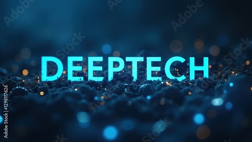 Deeptech. Word deeptech is illuminated by blue lights and bokeh