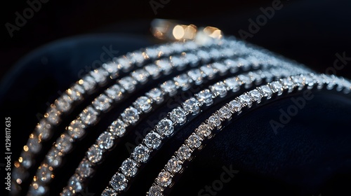 13. A set of sparkling diamond tennis bracelets arranged neatly on a black velvet cushion