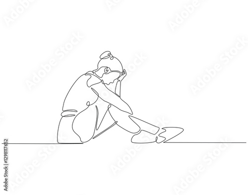 Continuous line drawing of woman depression. Single line illustration of depression woman sitting on the floor. Axienty, sad, depressed concept. Editable outline