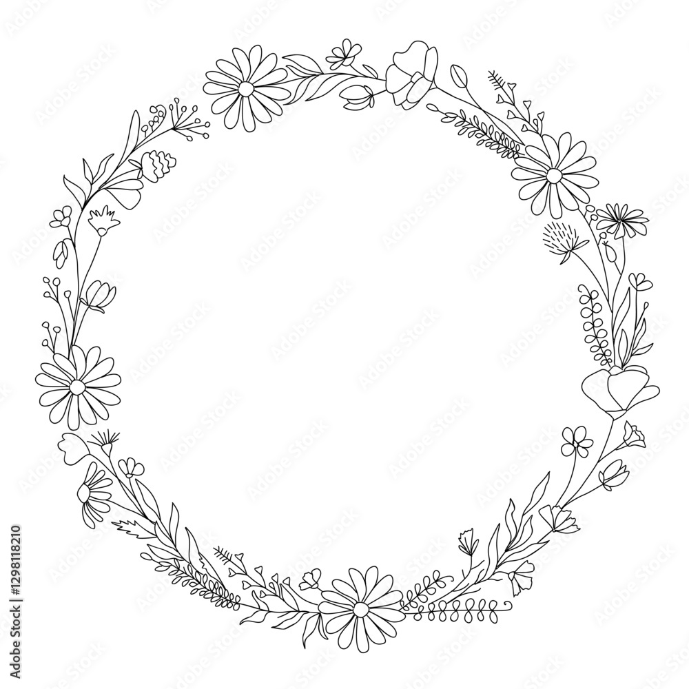 Obraz premium Hand drawn botanical wreath line art vector illustration isolated on white background. Circle frame with leaves in black ink sketch style. Elegant wedding invitation design. Trendy greenery clipart.