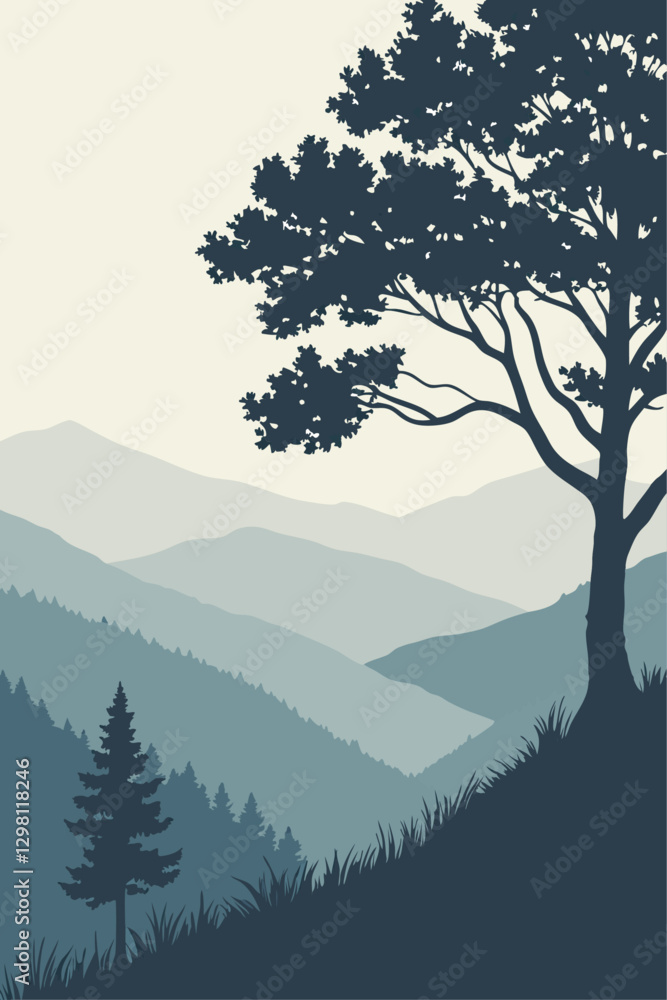 Flat mountain landscape illustration with a tree in the foreground. Minimalist design, soft color palette, and layered hills create a serene, nature-inspired scene. Flat mountain landscape illustration with a tree in the foreground. Minimalist design, soft color palette, and layered hills create a serene, nature-inspired scene.