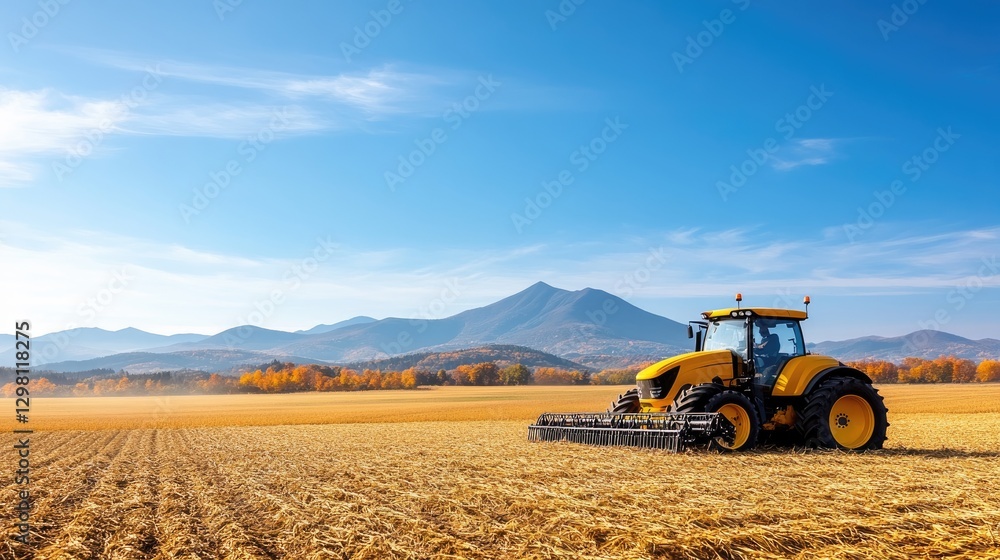 Obraz premium Agricultural tractor working in a golden field under clear skies
