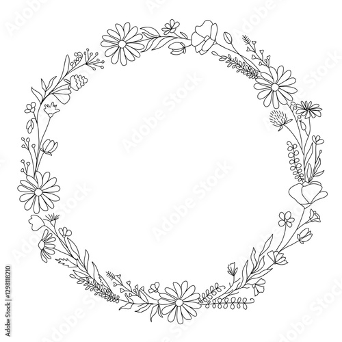 Hand drawn botanical wreath line art vector illustration isolated on white background. Circle frame with leaves in black ink sketch style. Elegant wedding invitation design. Trendy greenery clipart.