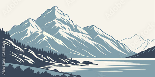 Flat mountain landscape illustration with a tree in the foreground. Minimalist design, soft color palette, and layered hills create a serene, nature-inspired scene.