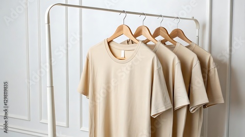 Three beige t shirts on a clothes rack