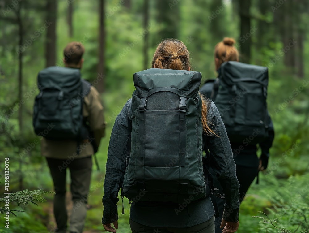 Group of friends hiking in a forest, enjoying nature and carrying eco-friendly backpacks Group of friends hiking in a forest, enjoying nature and carrying eco-friendly backpacks