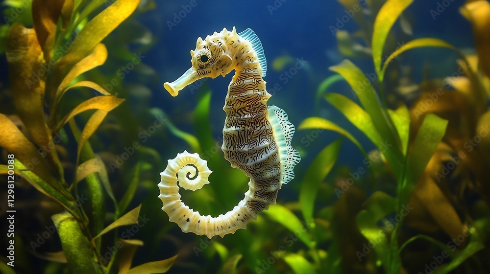 Delicate Seahorse floating gracefully in a lush underwater kelp forest its curled tail clinging to a swaying plant intricate patterns decorating its tiny body Delicate Seahorse floating gracefully in a lush underwater kelp forest its curled tail clinging to a swaying plant intricate patterns decorating its tiny body