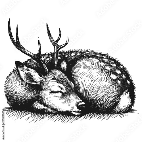 Deer sleeping line art drawing ink sketch vector hand drawn illustration background, restful moments  napping under the sun