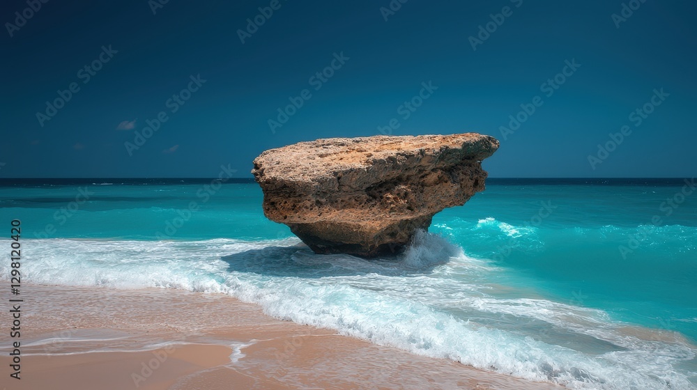 Rock Formation on Beach Waves Crashing on Shore in Tropical Setting Under Blue Sky Rock Formation on Beach Waves Crashing on Shore in Tropical Setting Under Blue Sky