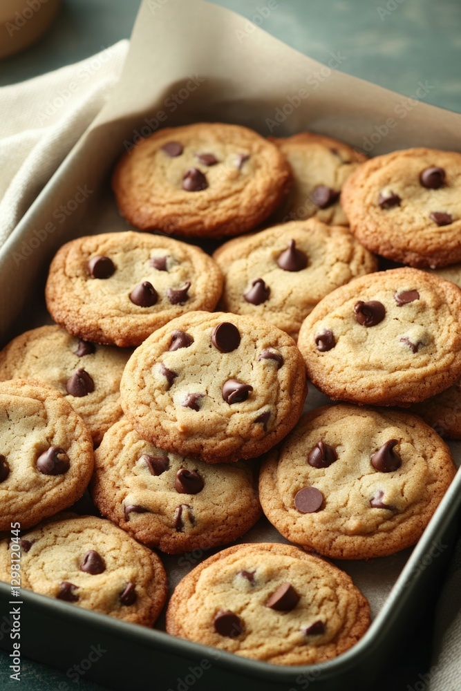 Warm, freshly baked cookies with gooey chocolate chips creating Warm, freshly baked cookies with gooey chocolate chips creating