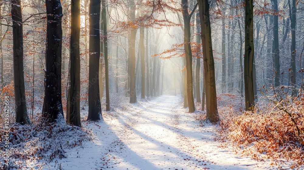 Naklejka premium Sunlit Winter Path in a Snowy Forest