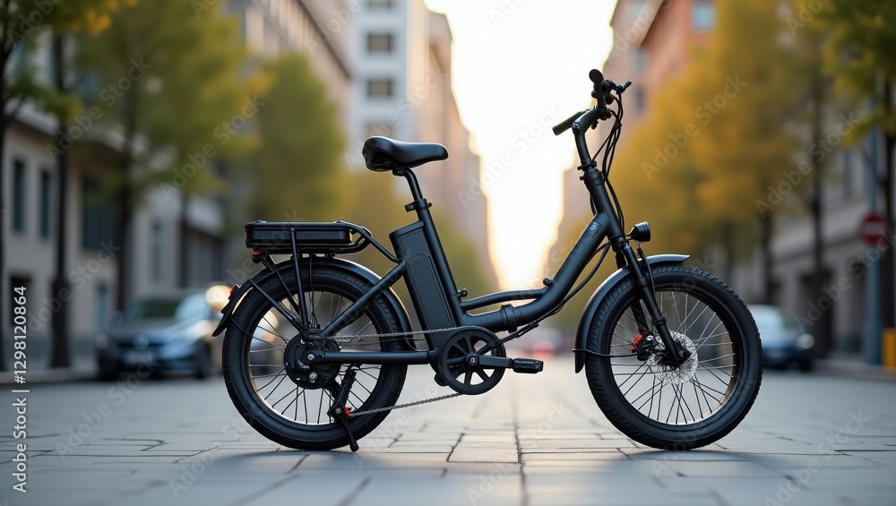 Fototapeta premium Foldable Electric Bike. Electric black bicycle, urban city street, eco