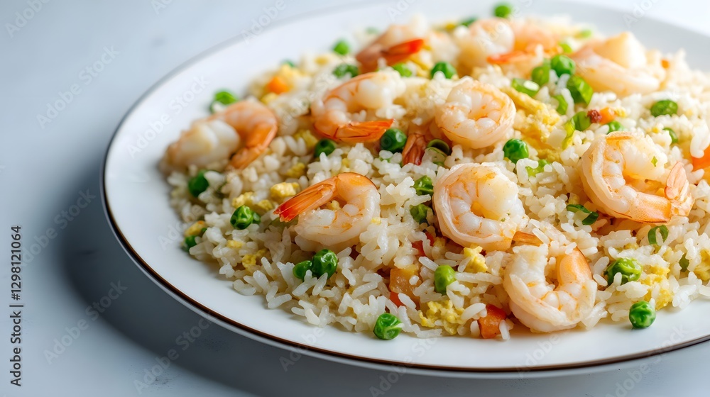 Shrimp fried rice with a light background on a white plate, Generative AI Shrimp fried rice with a light background on a white plate, Generative AI