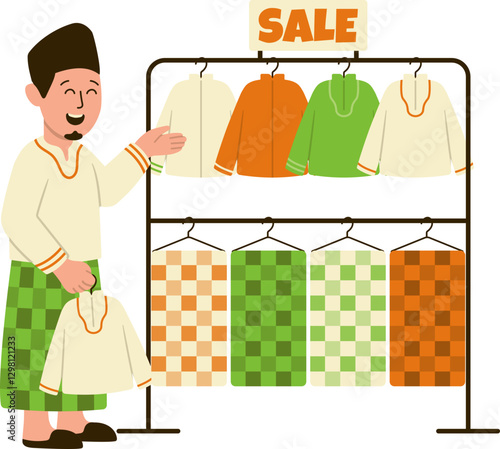 Pop up muslim fashion clothing store stall market in the month of Ramadan with Muslim male sellers character selling lifestyle products of sarongs and koko shirts