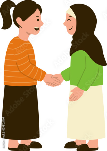 Smiling muslim female characters shake hands gesture to forgive each other on Eid al-Fitr