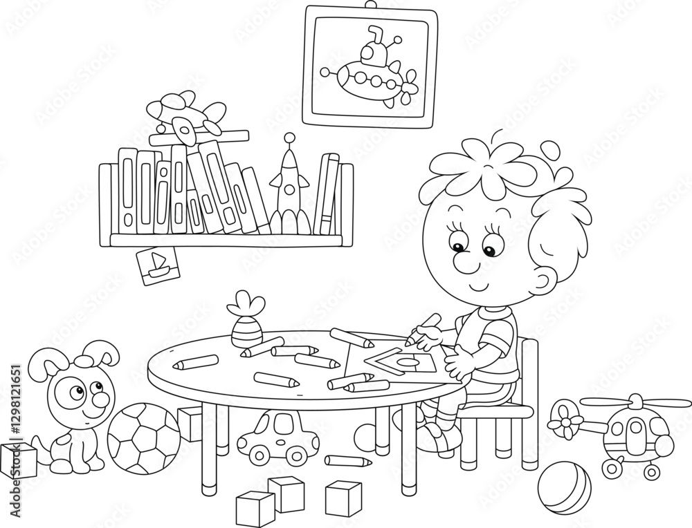 Εκτύπωση καμβά Cheerful little boy sitting at his table among scattered toys in a playroom and