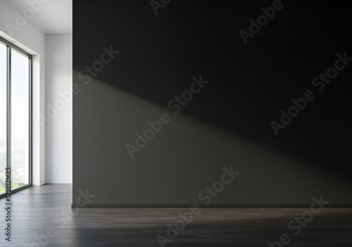 Empty black office wall Mockup. Blank modern dark interior softly lighted by a large window.
