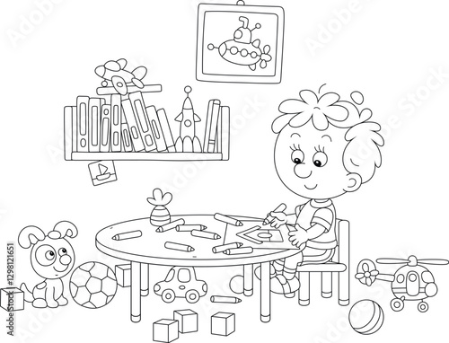 Cheerful little boy sitting at his table among scattered toys in a playroom and drawing a small house with pencils, black and white outline vector cartoon illustration for a coloring book