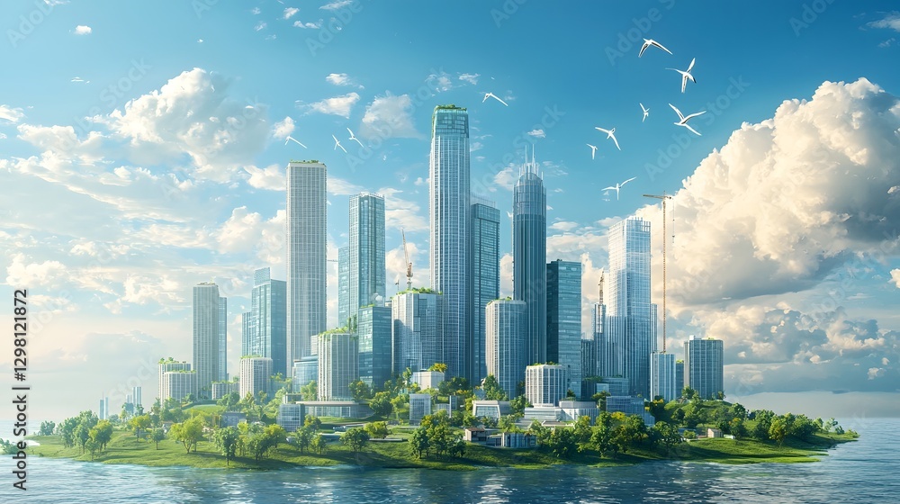 Fototapeta premium Futuristic Eco City Under Construction with Smart Urban Planning and Sustainable Infrastructure