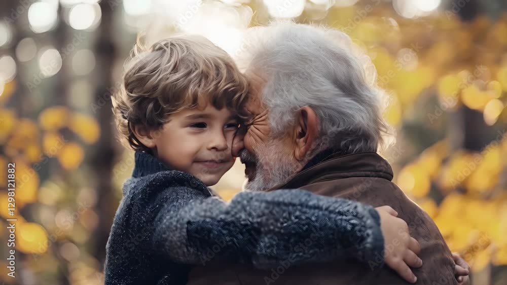 Elderly man hugging young boy, connecting generations amid golden fall foliage Elderly man hugging young boy, connecting generations amid golden fall foliage