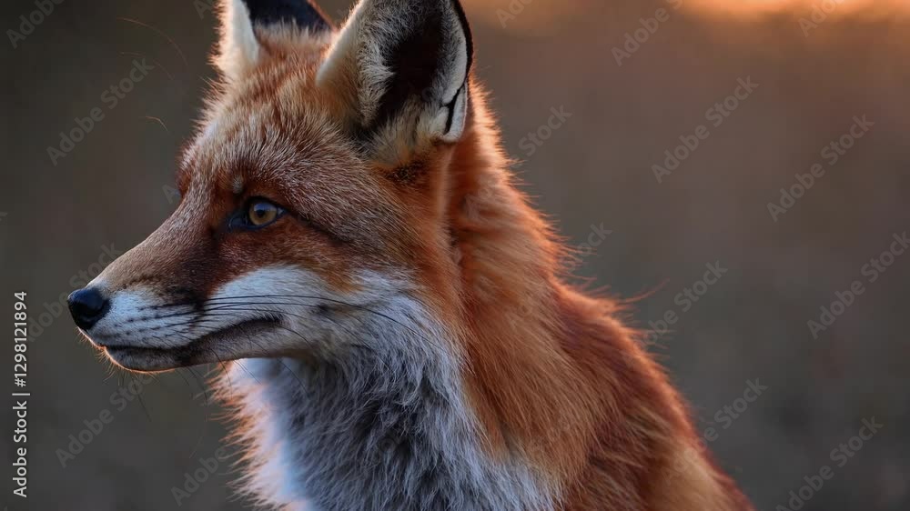 a close-up portrait of a stunning red fox gazing into the distance, basking in golden light
