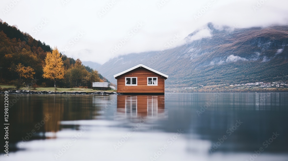 Fototapeta premium Calmcations Secluded wooden cabin reflects tranquility in Norwegian fjords under soft morning light by still waters