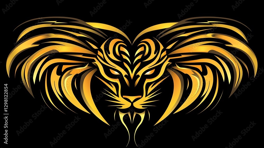 Obraz premium Fierce Tribal Lion Head Symbol with Elegant Golden and Black Elements