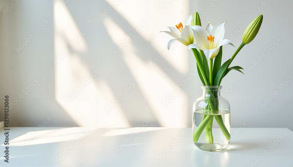 A modern and minimalist bouquet of Easter Lilies sits in a glass vase, reflecting elegance and the symbolic meaning of purity and renewal in the Easter season. A modern and minimalist bouquet of Easter Lilies sits in a glass vase, reflecting elegance and the symbolic meaning of purity and renewal in the Easter season.