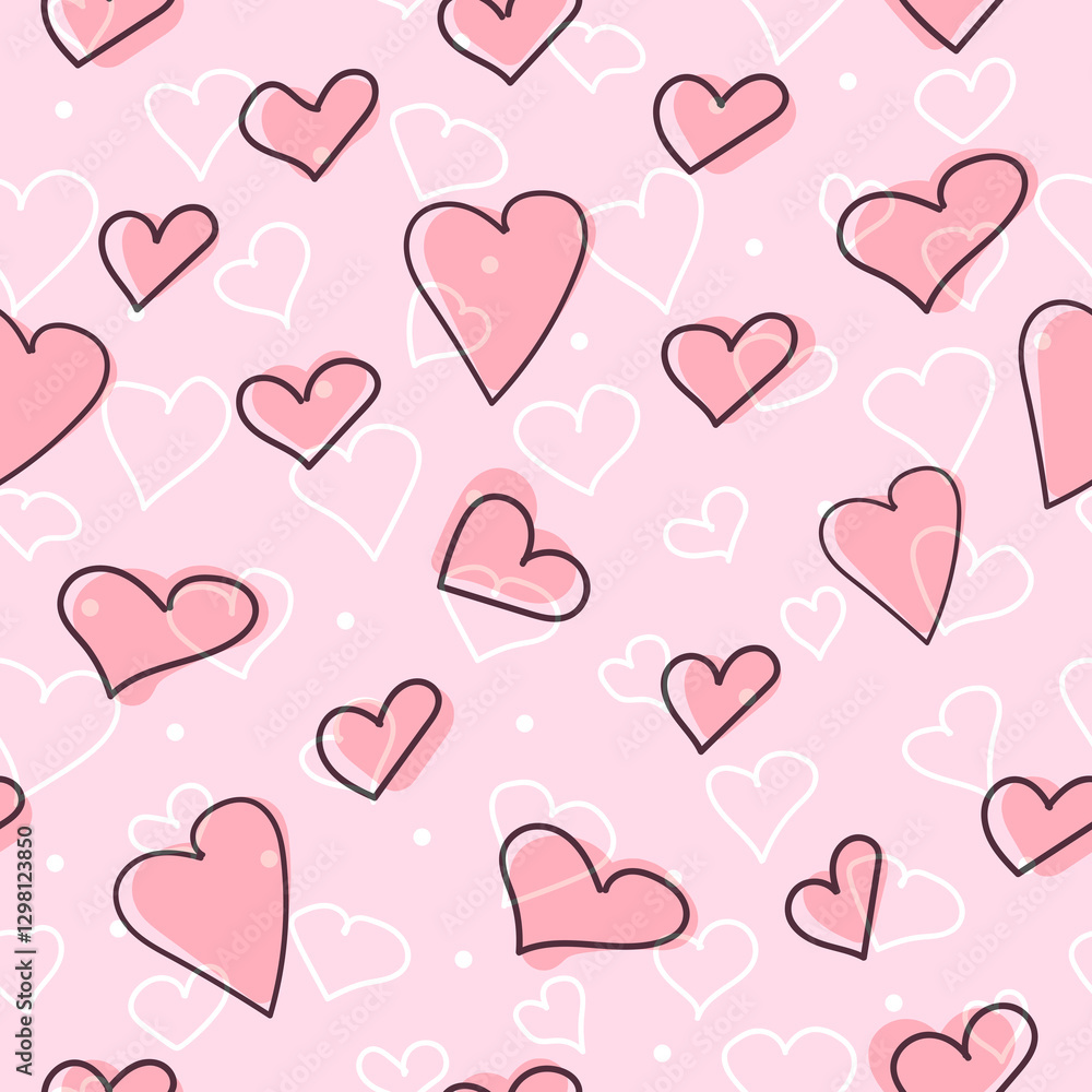 Hand drawn hearts seamless pattern. Continuous line drawing of a heart, black and white vector minimalist love concept illustration. Hand drawn hearts seamless pattern. Continuous line drawing of a heart, black and white vector minimalist love concept illustration.