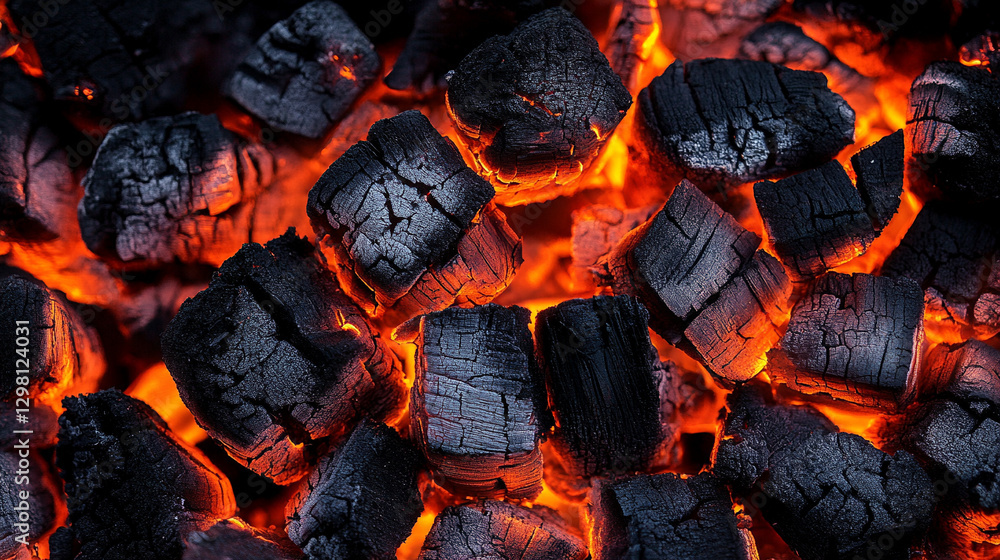 Close-up of dark grill coal texture, symbolizing heat, power, and transformation. The rough surface reflects modern outdoor cooking and rustic grilling experience Close-up of dark grill coal texture, symbolizing heat, power, and transformation. The rough surface reflects modern outdoor cooking and rustic grilling experience