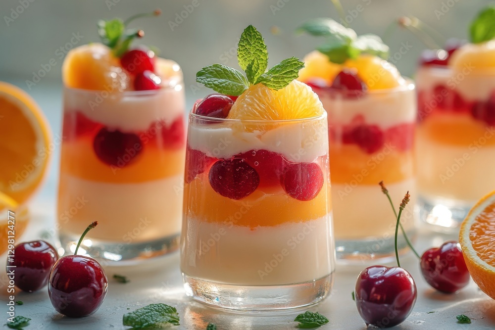 Exquisite dessert parfaits, beautifully layered with a symphony of flavors and textures. This eye-catching culinary creation features colorful layers of creamy custard Exquisite dessert parfaits, beautifully layered with a symphony of flavors and textures. This eye-catching culinary creation features colorful layers of creamy custard