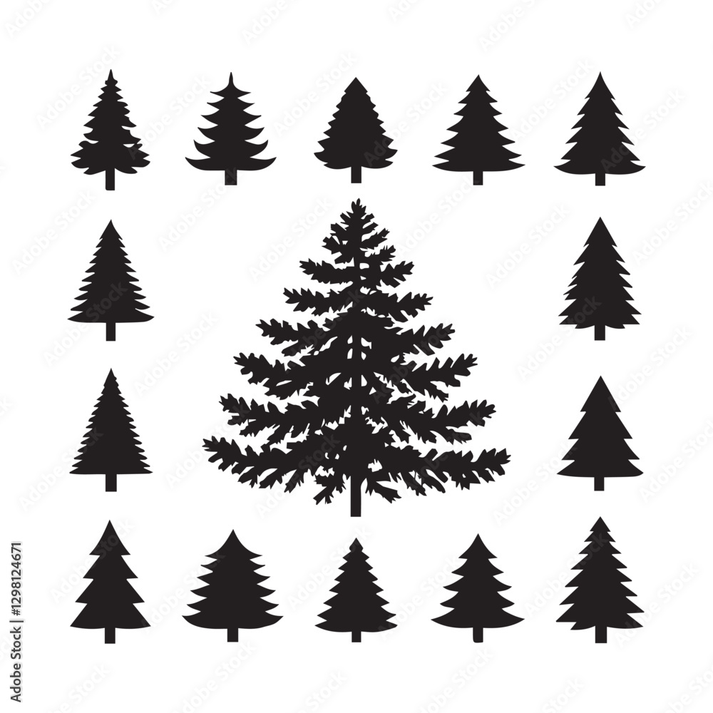 Obraz premium Set of silhouettes of realistic Christmas trees, isolated on a white background, for designs, brochures, booklets, posters, silhouette of pine trees of different sizes and shapes white background