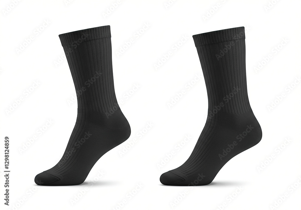 Blank Black color cotton long socks on invisible feet isolated on white background as mock up for advertising, branding, design, back and side view, template. Blank Black color cotton long socks on invisible feet isolated on white background as mock up for advertising, branding, design, back and side view, template.